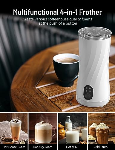 Milk Frother Electric, Symdral 4-in-1 Milk Frother and Steamer, Coffee Frother, Warm and Cold Milk Foamer, Milk Heater, with Auto Shut-Off, Silent Operation, for Latte, Cappuccino, Macchiato (White)