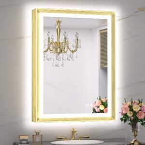 tokeshimi 30x36 inch gold light up bathroom vanity mirror with front lights and backlit for wall aluminum alloy frame rectangle beveled edge tricolors stepless dimmable anti-fog memory function