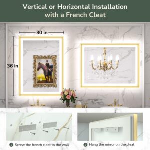 TokeShimi 30x36 Inch Gold Light up Bathroom Vanity Mirror with Front Lights and Backlit for Wall Aluminum Alloy Frame Rectangle Beveled Edge Tricolors Stepless Dimmable Anti-Fog Memory Function