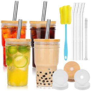 moretoes 4pcs 16oz glass cups with lids and straws, glass/smoothie/boba cups, reusable glass coffee cups with lids and straw, iced coffee cup