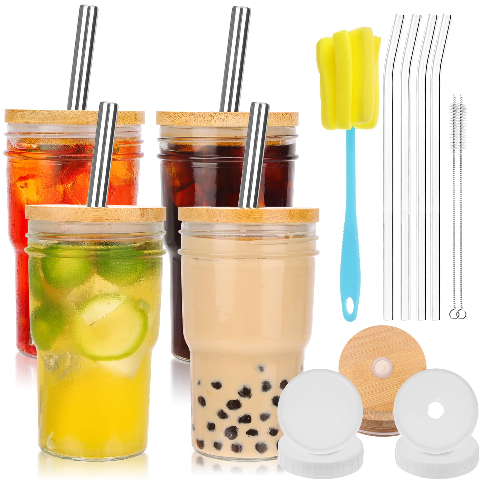 Moretoes 4pcs 16oz Glass Cups with Lids and Straws, Glass/Smoothie/Boba Cups, Reusable Glass Coffee Cups with Lids and Straw, Iced Coffee Cup