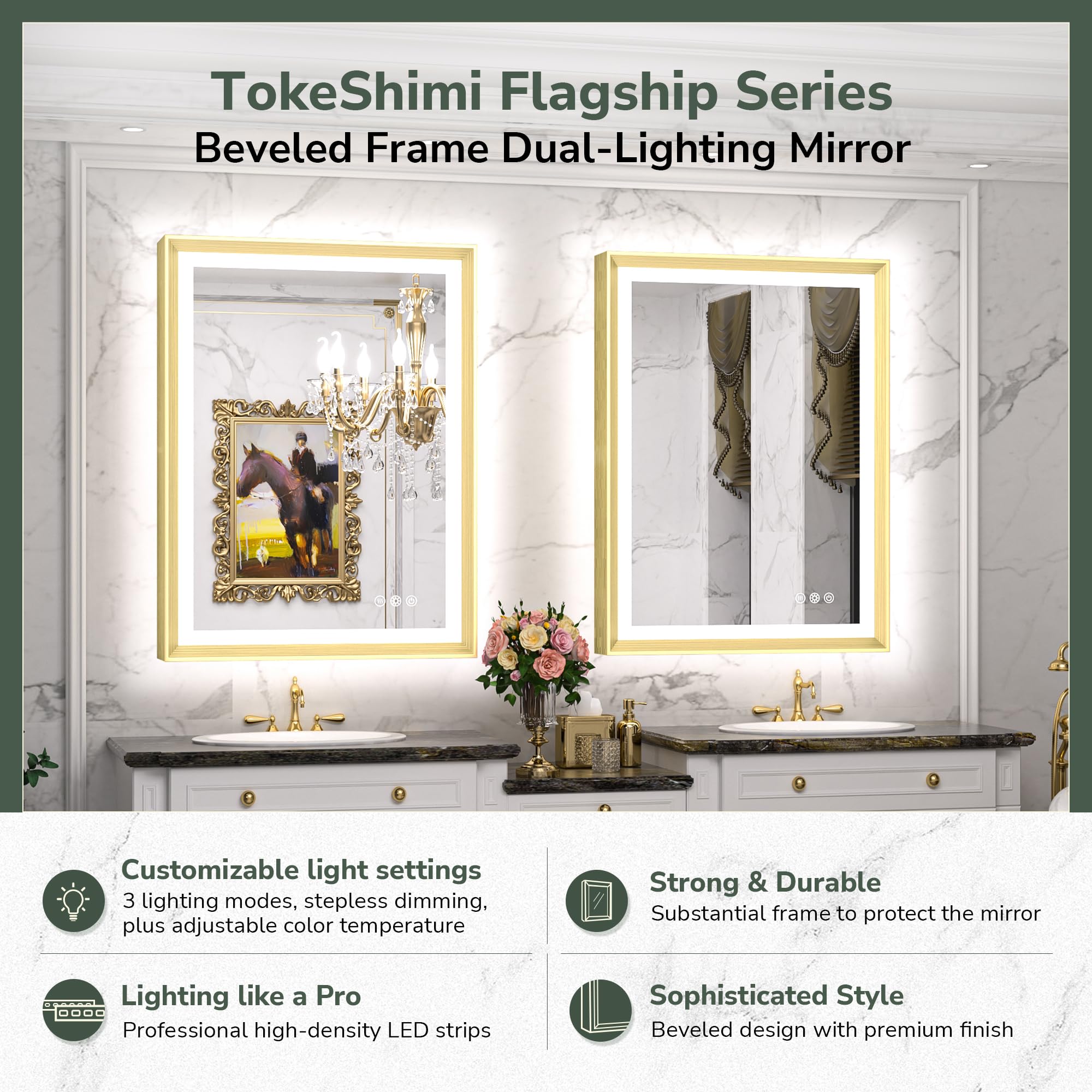 TokeShimi 30x36 Inch Gold Light up Bathroom Vanity Mirror with Front Lights and Backlit for Wall Aluminum Alloy Frame Rectangle Beveled Edge Tricolors Stepless Dimmable Anti-Fog Memory Function