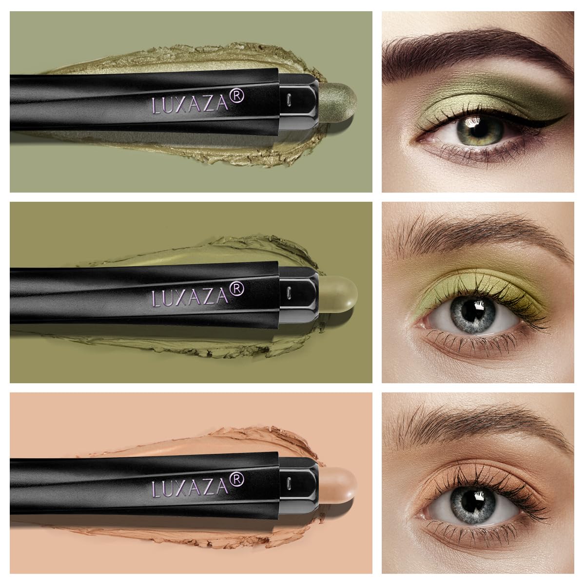 LUXAZA 3PCS Eyeshadow Stick, Metallic And Green Eye shadow Sticks Pencil Crayon，Eye Brightener Stick Makeup with Crease-proof Formula