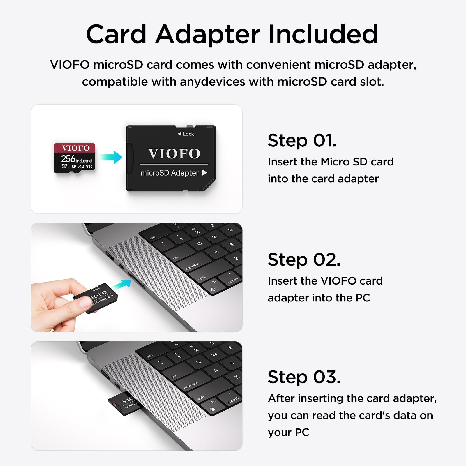 VIOFO 256GB Industrial Grade microSD Card, U3 A2 V30 High Speed Memory Card with Adapter, Support Ultra HD 4K Video Recording