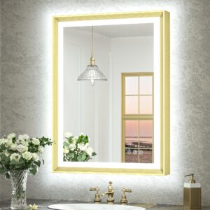 tokeshimi 24x36 inch led bathroom vanity mirror gold frame backlit and front lighted aluminum alloy rectangle beveled edge tricolors stepless dimmable anti-fog memory function for wall decor