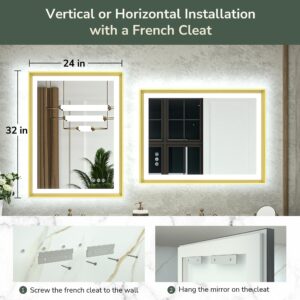 TokeShimi 24x36 Inch LED Bathroom Vanity Mirror Gold Frame Backlit and Front Lighted Aluminum Alloy Rectangle Beveled Edge Tricolors Stepless Dimmable Anti-Fog Memory Function for Wall Decor