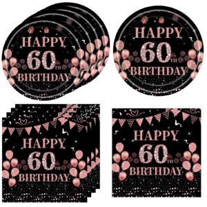 40 Pcs 60th Birthday Party Decorations 60th Birthday Decorations for Women- Black and Rose Gold Pink Happy 60 Birthday Table Toppers Party Supplies Plates and Napkins