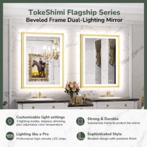 TokeShimi 24x36 Inch LED Bathroom Vanity Mirror Gold Frame Backlit and Front Lighted Aluminum Alloy Rectangle Beveled Edge Tricolors Stepless Dimmable Anti-Fog Memory Function for Wall Decor