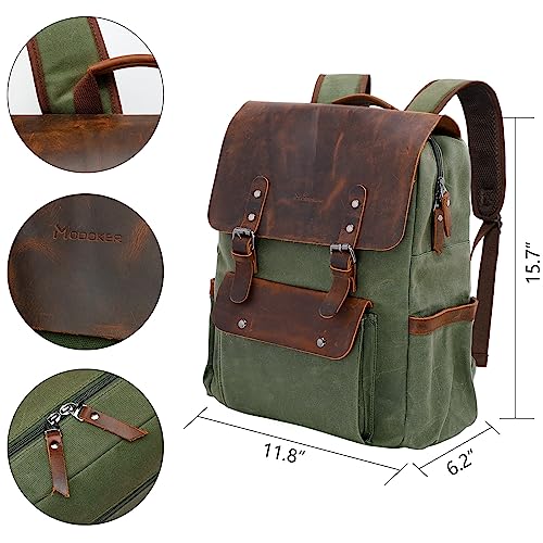 Modoker Waxed Canvas Backpack, Leather Rucksack Knapsack for Men Woman Vintage Travel Laptop Backpack 15.6 Inch Satchel Backpack, Retro Flap Backpacks Canvas Casual Daypack, Green