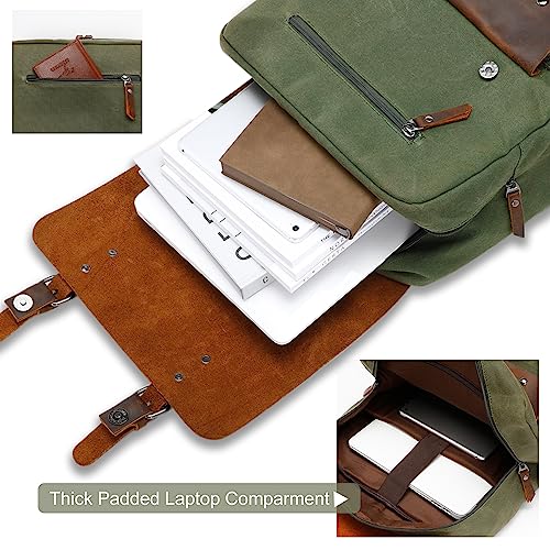 Modoker Waxed Canvas Backpack, Leather Rucksack Knapsack for Men Woman Vintage Travel Laptop Backpack 15.6 Inch Satchel Backpack, Retro Flap Backpacks Canvas Casual Daypack, Green