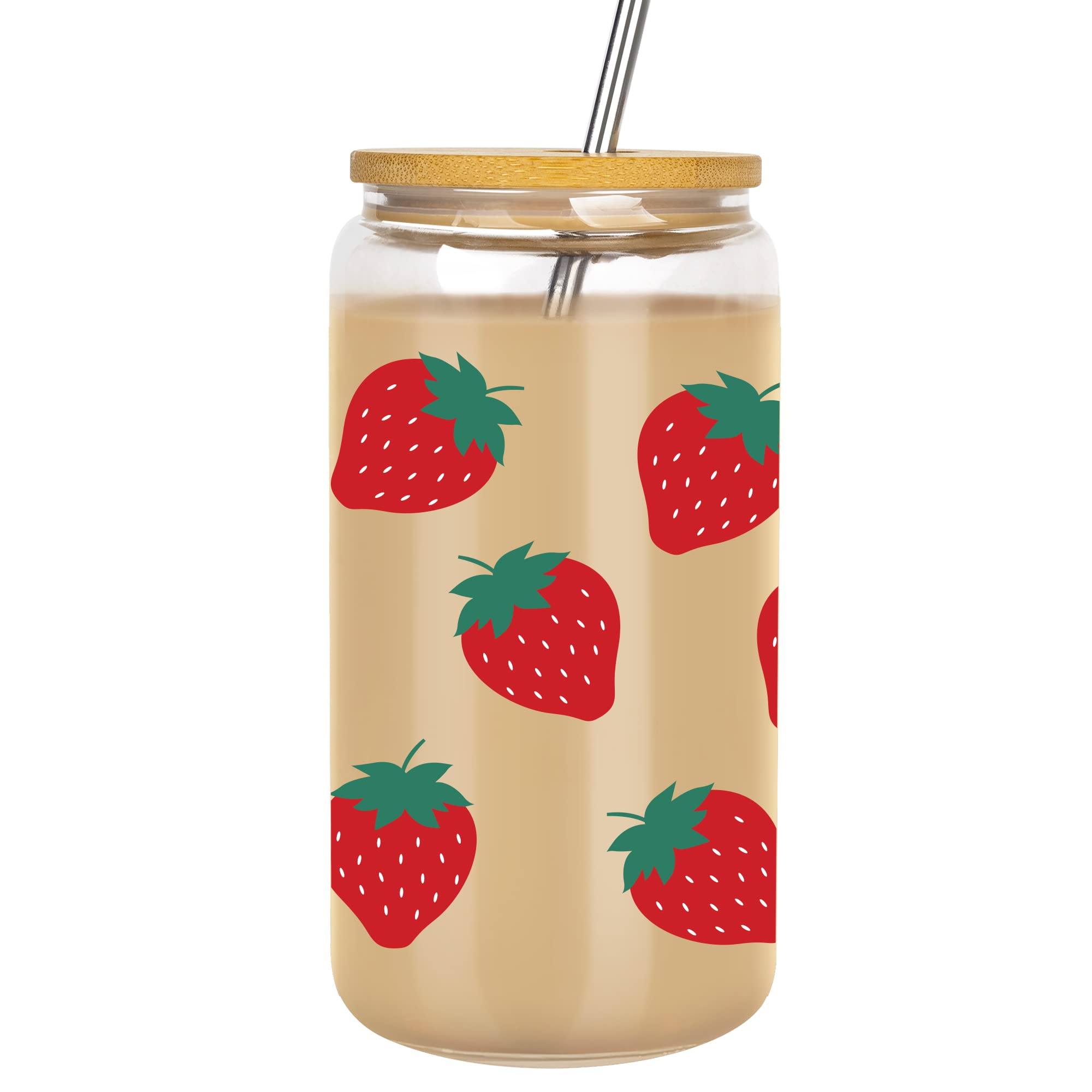 Lvoetgif Strawberry Iced Coffee Glasses Cup with Bamboo Lids, Cute Lovely Strawberry Pattern Drinking Can Shaped Cup, Aesthetic Birthday Gifts for Strawberry Lovers Women Mom Best Friend Daughter