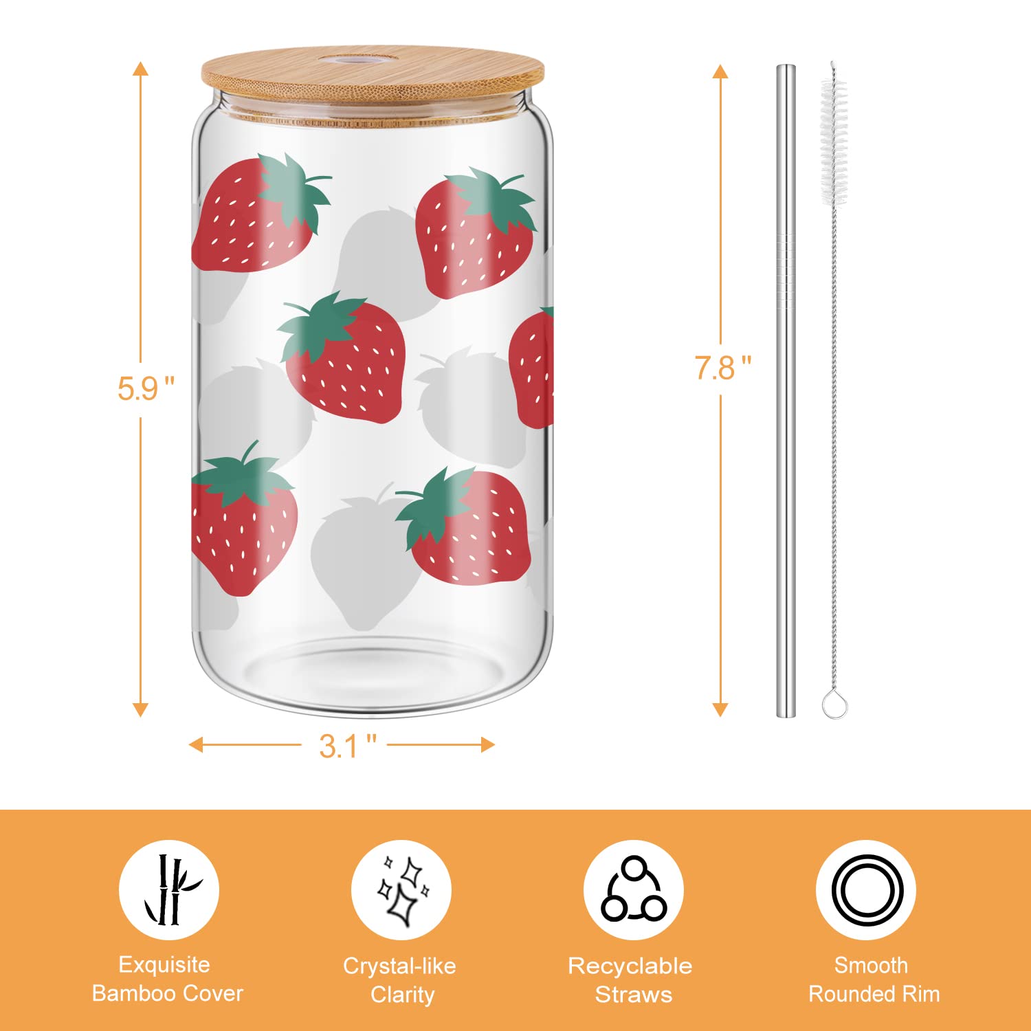 Lvoetgif Strawberry Iced Coffee Glasses Cup with Bamboo Lids, Cute Lovely Strawberry Pattern Drinking Can Shaped Cup, Aesthetic Birthday Gifts for Strawberry Lovers Women Mom Best Friend Daughter