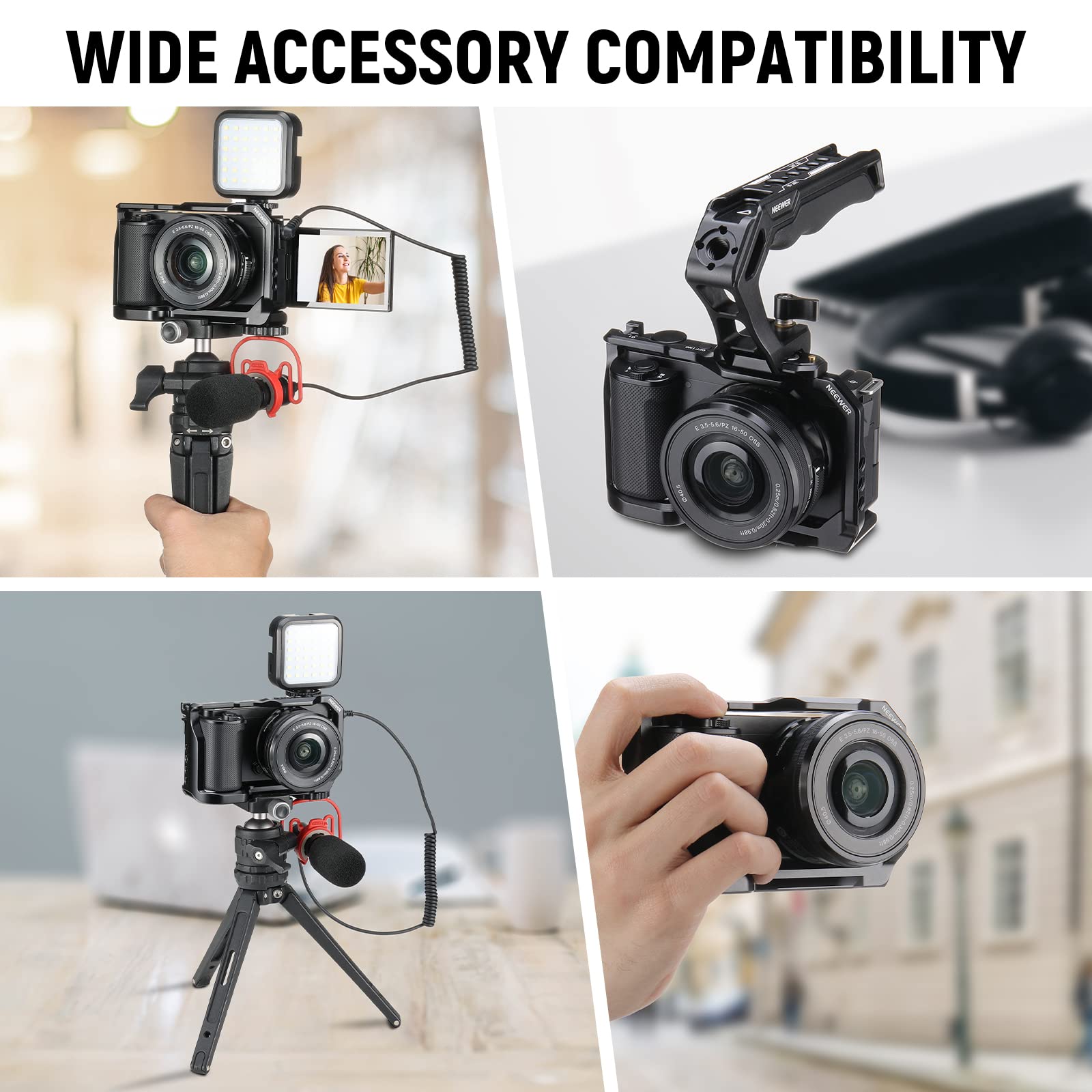 NEEWER ZV-E10 Camera Cage Compatible with Sony ZV-E10, Aluminum Video Shooting Cage Rig with Arca Type QR Plate, 1/4" Threads, Cold Shoe Mounts Compatible with SmallRig Top Handles Video Rigs, CA003