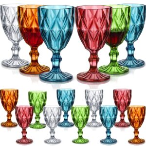 zhehao 16 pcs acrylic vintage wine glasses 12 oz embossed pattern colored wine glasses shatterproof reusable drinkware set champagne plastic goblets clear drinking cups for wedding party bar 5 colors