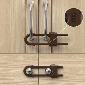 child proof sliding cabinet door code locks baby safety cupboard locks adjustable u shaped cabinet latches for knob handle drawers closet (4 pcs, coffee)