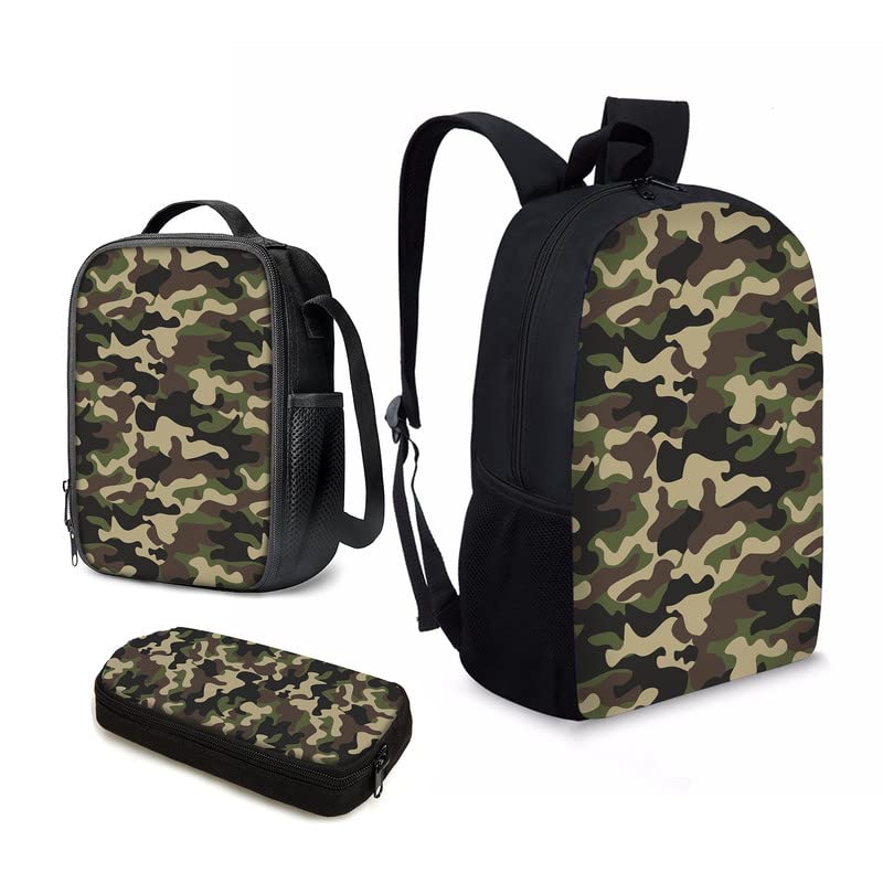 Howilath Green Camo Print School Backpack for Teenage 3 in 1, Backpack for Boys Girls School Bag Shoulder Bookbag/Lunch Box/Pencil Case 17 Inch