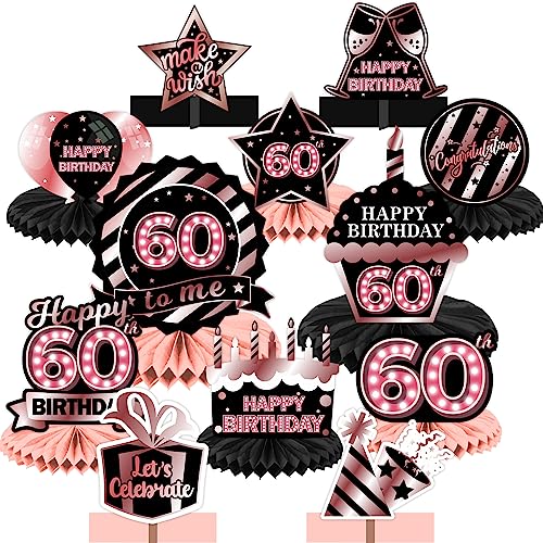 Happy 60th Birthday Rose Gold and Black Table Honeycomb Centerpieces Balloons Theme Decor Table Decorations Table Toppers for Girls Women Princess 60 Years Old Birthday Party Bday Supplies Background