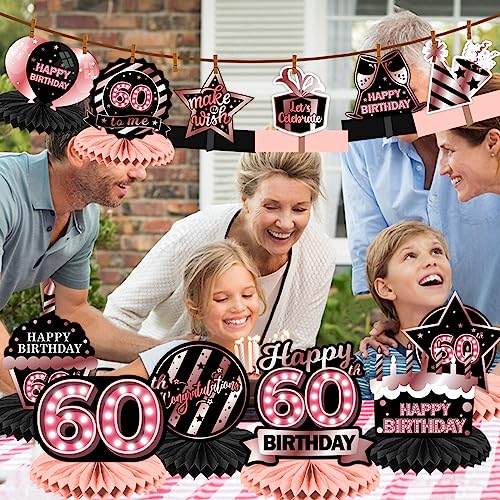 Happy 60th Birthday Rose Gold and Black Table Honeycomb Centerpieces Balloons Theme Decor Table Decorations Table Toppers for Girls Women Princess 60 Years Old Birthday Party Bday Supplies Background