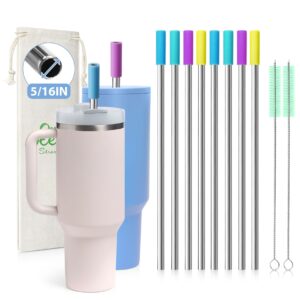 8 piece 5/16 inch (8mm) wide straight stainless steel straws for travel 40oz tumblers, 12 inch long reusable metal straws, replacement straws with silicone tips & cleaning brush, silver