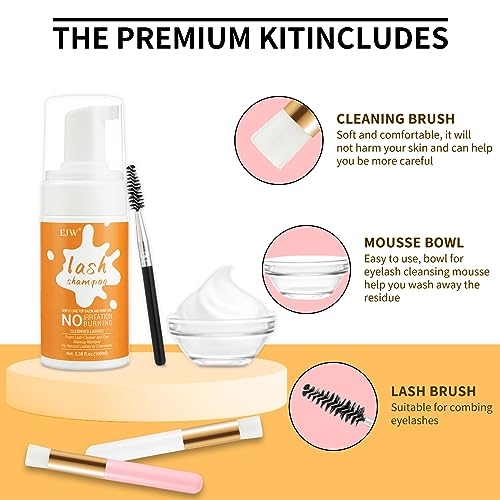 𝗪𝗜𝗡𝗡𝗘𝗥 𝟮𝟬𝟮𝟯* 100ml Lash Shampoo Eyelash Extension Cleanser Kit - Oil-Free Foam, Complete Lash Care Set with Bowl, Brushes, Comb - Cluster Lash Wash & Dustcare Included