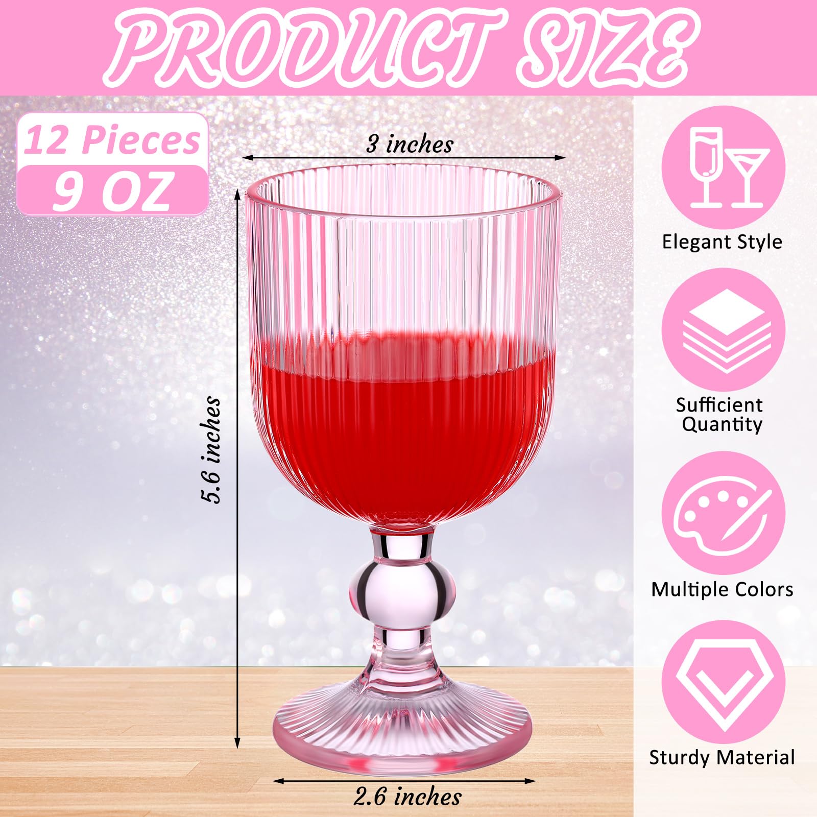 Roshtia 12 Packs Pink Glass Goblet 9 oz Wine Glasses Colored Modern Drinking Glassware Vintage Style Drinking Glass for Wine Soda Juice Water Liquor for Dinner Parties Wedding Bars Restaurants
