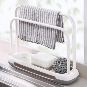 BLLREMIPSUR Kitchen Sink Sponge Holder Dishcloth Hanger, Tap Storage Rack, 2 in 1 Tray Organizer Stand with Drain for Rag, Brush, Scrubber