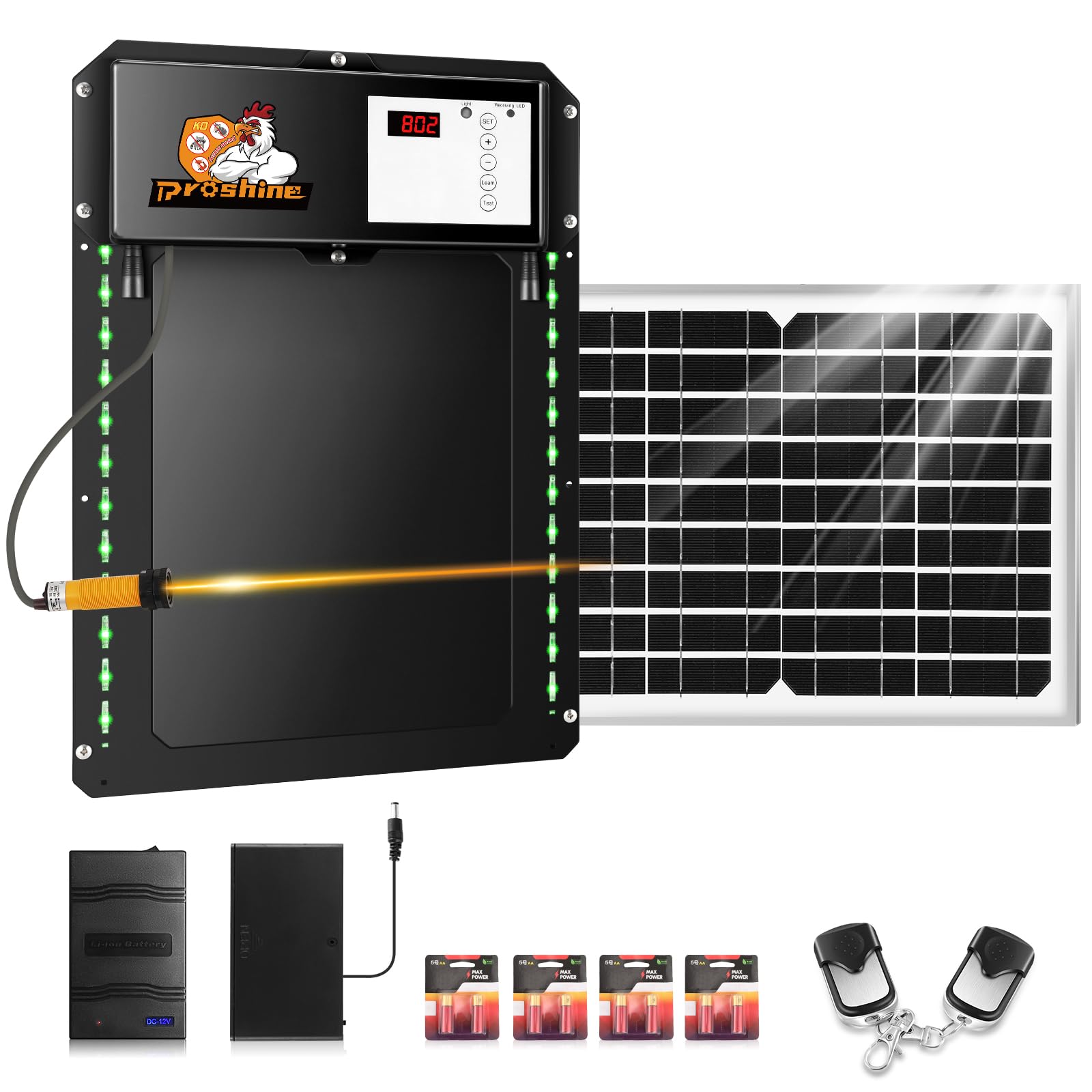 Proshine Solar Chicken Door Automatic Chicken Coop Door with Timer&Light Sensor Remote Controllers Solar Panel 5 Dry Batteries