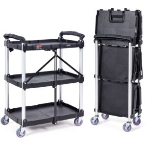 vevor foldable utility service cart, 3 shelf 165lbs heavy duty plastic rolling cart with 360° swivel wheels (2 with brakes), ergonomic handle, portable garage tool cart for warehouse office home