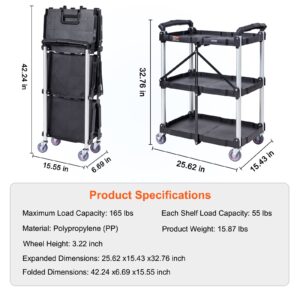 VEVOR Foldable Utility Service Cart, 3 Shelf 165LBS Heavy Duty Plastic Rolling Cart with 360° Swivel Wheels (2 with Brakes), Ergonomic Handle, Portable Garage Tool Cart for Warehouse Office Home