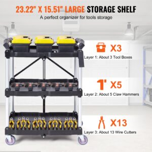 VEVOR Foldable Utility Service Cart, 3 Shelf 165LBS Heavy Duty Plastic Rolling Cart with 360° Swivel Wheels (2 with Brakes), Ergonomic Handle, Portable Garage Tool Cart for Warehouse Office Home