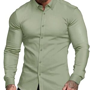 AstoSeu Men's Muscle Dress Shirts Slim Fit Wrinkle-Free Long Sleeve Casual Button Down Shirt Light Green L