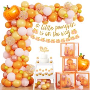 little pumpkin baby shower balloon boxes decorations, fall orange balloon garland a little pumpkin is on the way banner for autumn thanksgiving 1st birthday girl gender reveal welcome party supplies