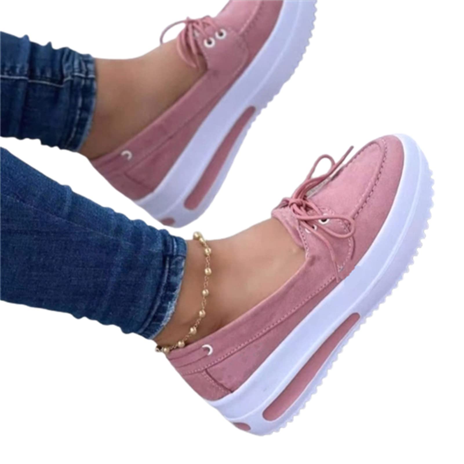 2023 New Woman Wedged Platform Sneakers Tie Up SLI on Flat Shoes, Comfortable Slip on Work Walking Shoes for Daily Casual Canva Low Top Pink