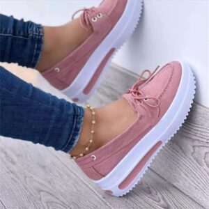 2023 New Woman Wedged Platform Sneakers Tie Up SLI on Flat Shoes, Comfortable Slip on Work Walking Shoes for Daily Casual Canva Low Top Pink