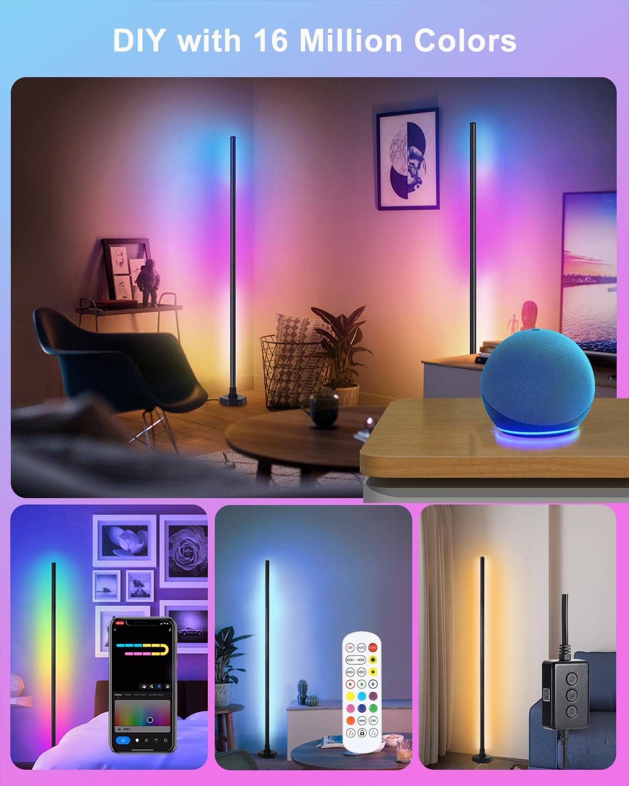 YTDRGB RGBW Corner Floor Lamp - Smart Corner Lamp Compatible with Alexa, LED Corner Light with APP, Remote Control, Music Sync, Timer and 16 Million DIY Colors for Gaming Rooms Living Rooms Bedrooms