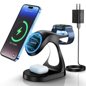 3 in 1 magnetic wireless charging station for apple devices, ceftydy 20w fast mag-safe charger stand with adapter and led, for iphone 15,14,13,12 pro/pro max/plus/mini, apple watch & airpods