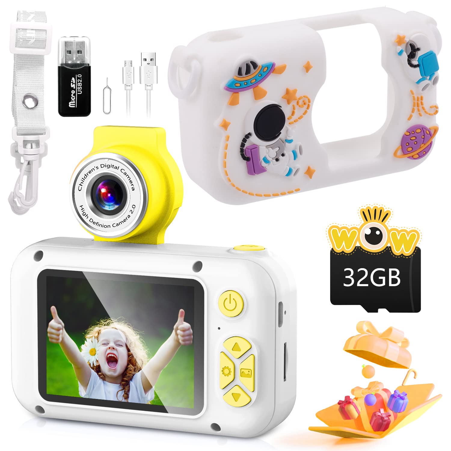 Kids Camera with 180° Flip-Up Lens, 2.4inch HD IPS Screen Digital Camera for Kids with Astronaut Silicone Case, with 32GB SD Card