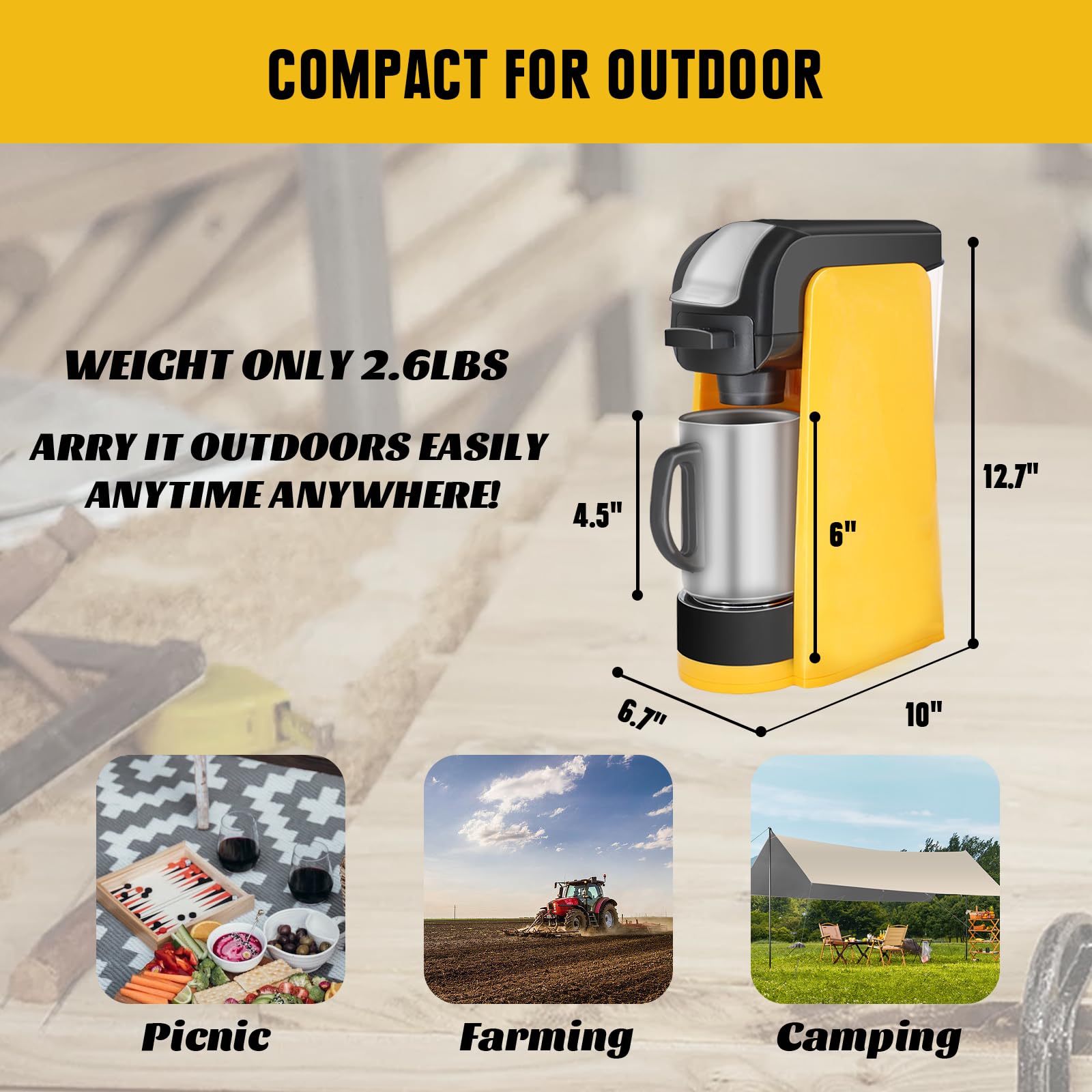 Single Serve Coffee Maker Compatible w/ dewalt 20V Max Battery, One-Button Operation & Auto Shut-off Coffee Machine for K-Cup & Ground, w/ 14.5OZ Reservoir for Home/Outdoor/RV (Battery NOT Included)