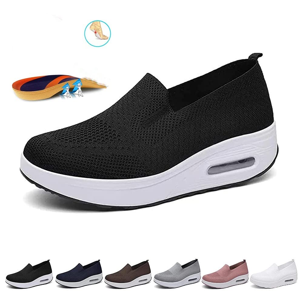 Teamoda Orthopedic Walking Shoes for Women, Slip-On Light Air Cushion Mesh Up Stretch Platform Orthopedic Sneakers for Arch Support, Black, 8.5 Wide