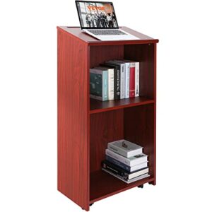 vevor podium stand 47‘’ hostess stand with 4 rolling wheels pulpits for churches with storage shelves and slant desktop lecterns & podiums for church office school home brown