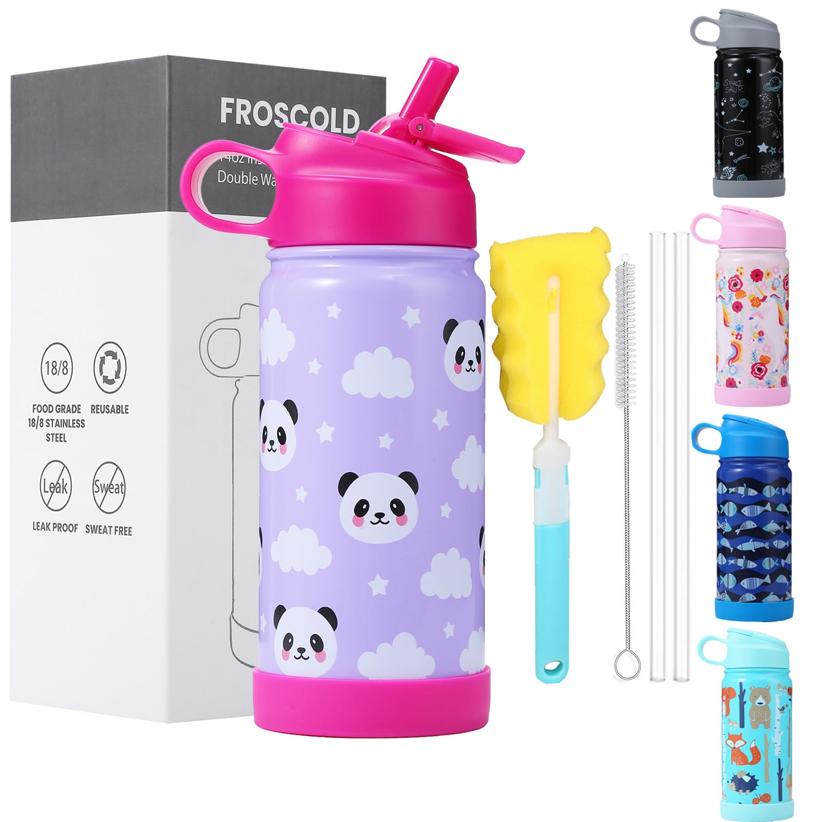 FROSCOLD Kids Water Bottle with Leakproof Dust Free Straw Lid, 14oz Water Bottles Kids with Boot, Double Wall Stainless Steel Vacuum Insulated Kid Water Bottle for School Boys Girls Toddler (Fish)