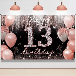 13th birthday decoration for girls, happy 13th birthday backdrop banner rose gold, sweet 13 year old birthday party yard sign photo booth props decor supplies, sturdy, vibrant colors, fabric, phxey