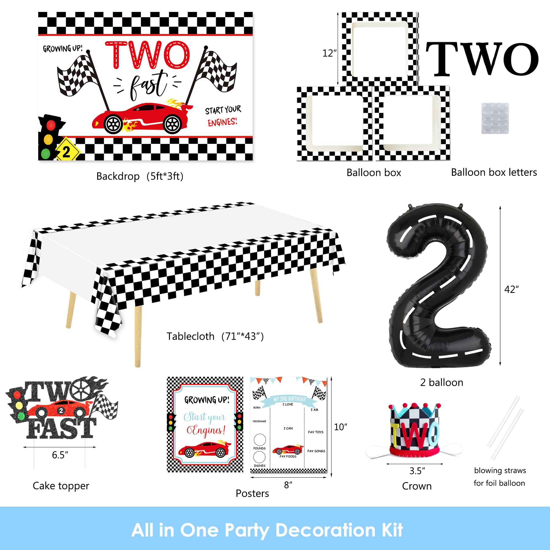 YSHMFEUX Two Fast Birthday Decorations Party Supplies, Race Car 2nd Birthday Decorations, Baby Boy 2nd Birthday Decorations, 2nd Birthday Decorations for Boy