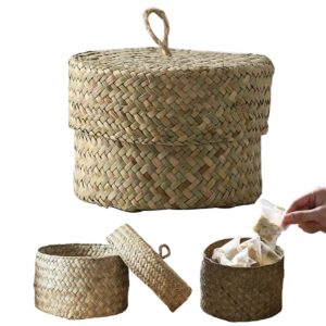qmjddymx small seagrass storage baskets with lid straw round storage box with handle wicker basket home organization for snack, keys desktop decor