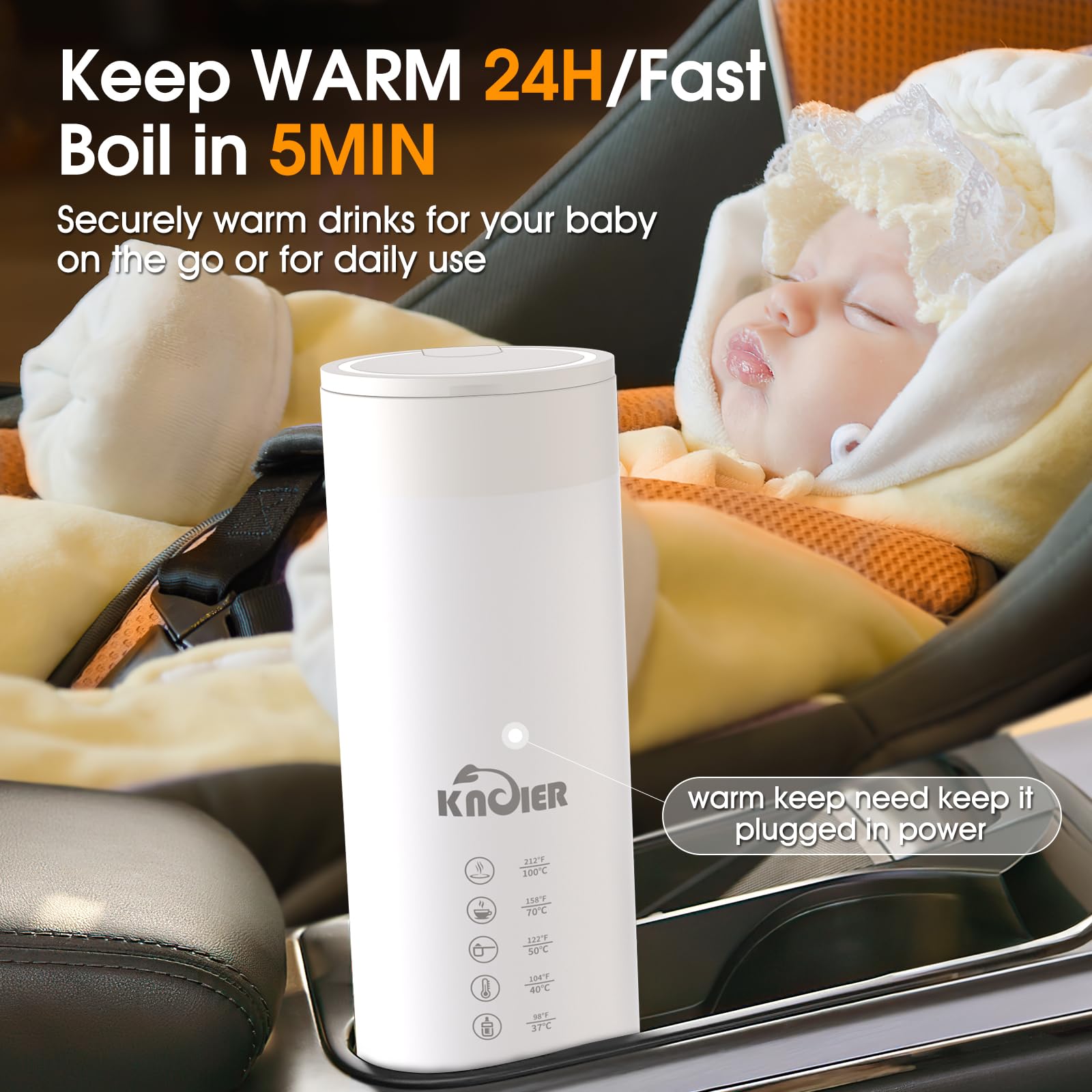 KNOIER Baby Bottle Warmer, 120V Portable Bottle Warmer for Travel, Electric Baby Formula Water Kettle, 5 Accurate Temperatures Contro, with Instant Breastmilk Function, for Journey On The Go