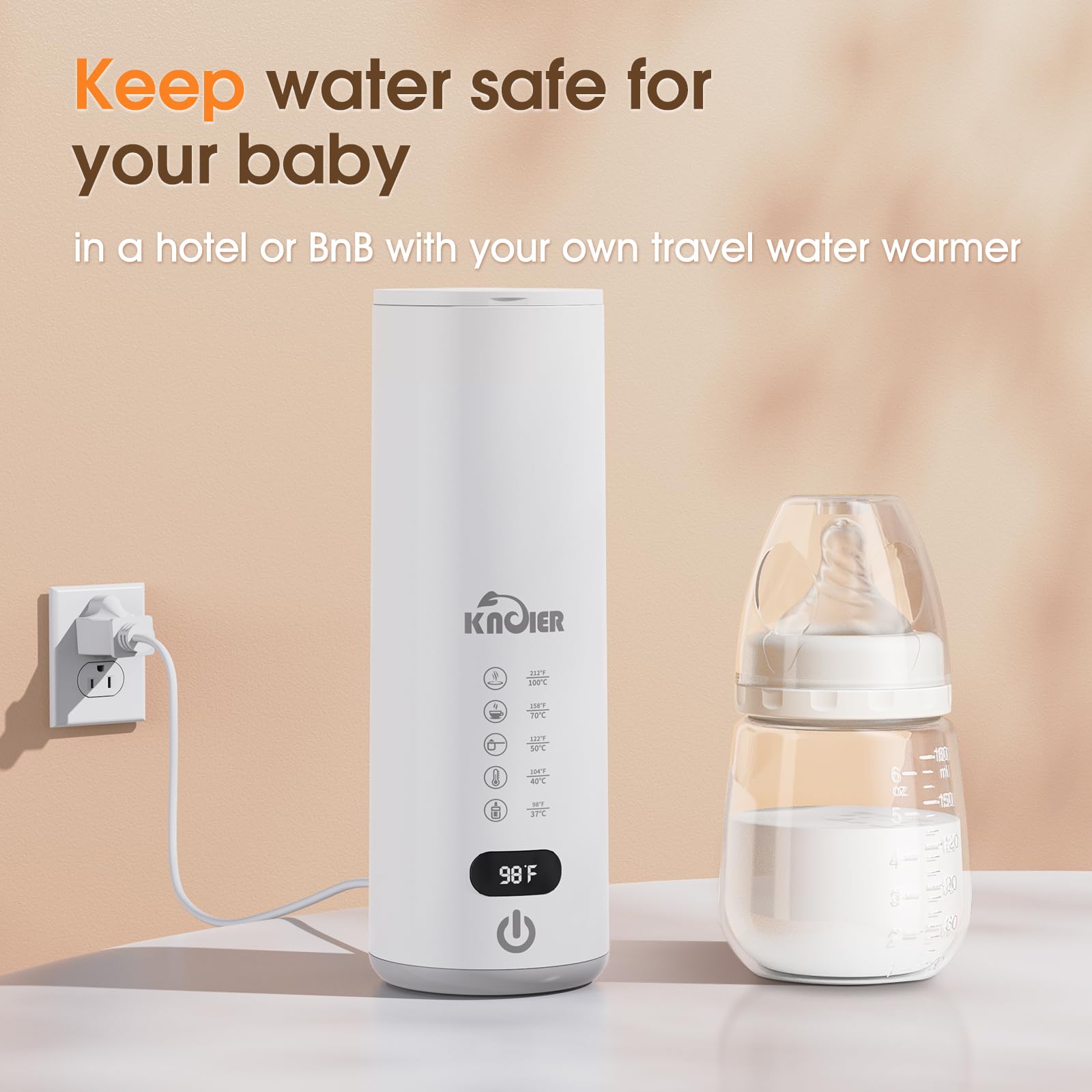 KNOIER Baby Bottle Warmer, 120V Portable Bottle Warmer for Travel, Electric Baby Formula Water Kettle, 5 Accurate Temperatures Contro, with Instant Breastmilk Function, for Journey On The Go