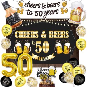 wonmelody 50th birthday beer decors men cheers&beers 50th birthday backdrop cheers and beers to 50 year banner beer themed 50th birthday whiskey bottle beer mug pull banner 50s anniversary decors
