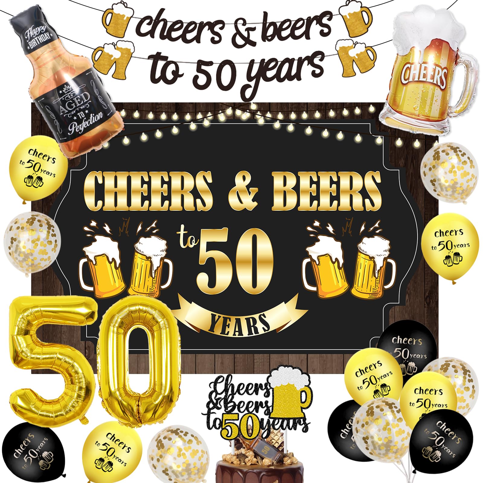 Wonmelody 50th Birthday Beer Decors Men Cheers&Beers 50th Birthday Backdrop Cheers and Beers to 50 Year Banner Beer Themed 50th Birthday Whiskey Bottle Beer Mug Pull Banner 50s Anniversary Decors