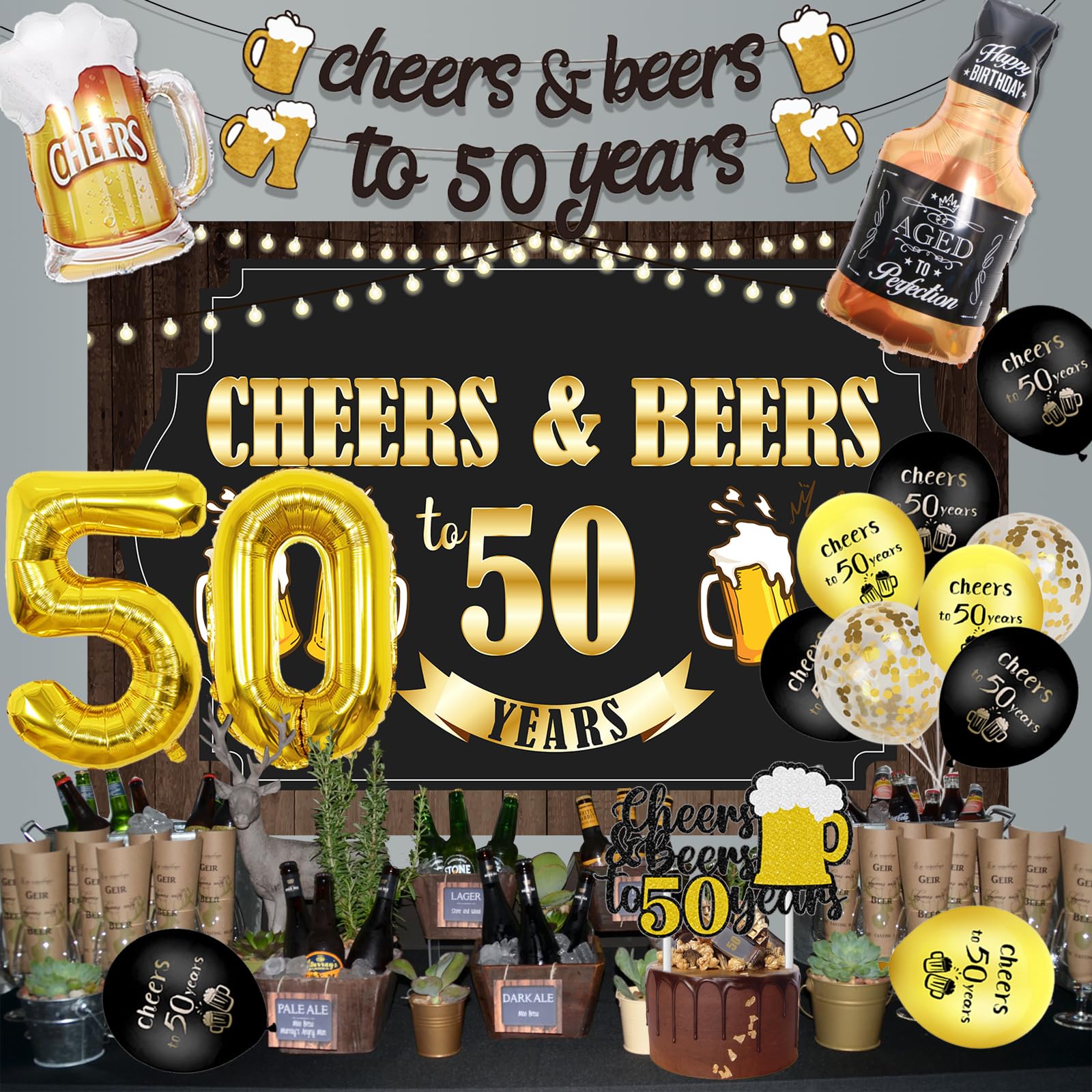 Wonmelody 50th Birthday Beer Decors Men Cheers&Beers 50th Birthday Backdrop Cheers and Beers to 50 Year Banner Beer Themed 50th Birthday Whiskey Bottle Beer Mug Pull Banner 50s Anniversary Decors