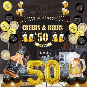 Wonmelody 50th Birthday Beer Decors Men Cheers&Beers 50th Birthday Backdrop Cheers and Beers to 50 Year Banner Beer Themed 50th Birthday Whiskey Bottle Beer Mug Pull Banner 50s Anniversary Decors